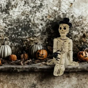 Skelet med edderkop perfekt til det uhyggelig halloweenbord