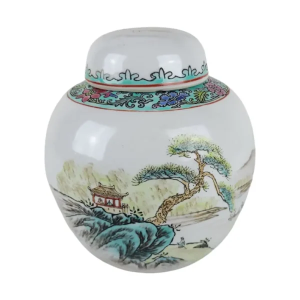 Kinesisk porcelænskrukke med landskabsmotiv