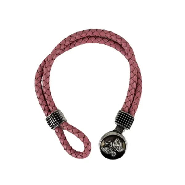 Pink læderarmbånd med sommerfugl åben