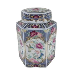 Sekskantet porcelænskrukke med låg