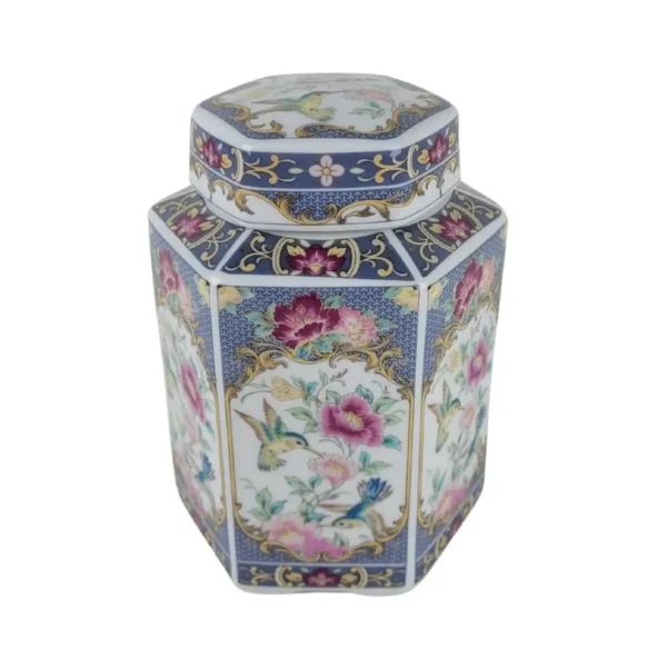 Sekskantet porcelænskrukke med låg fra bagside