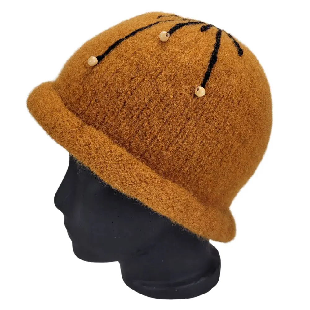 Cognacfarvet klokkehat i uld med perledetaljer - Billede 2